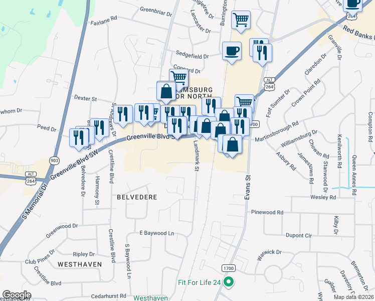 map of restaurants, bars, coffee shops, grocery stores, and more near 203 Greenville Boulevard Southwest in Greenville