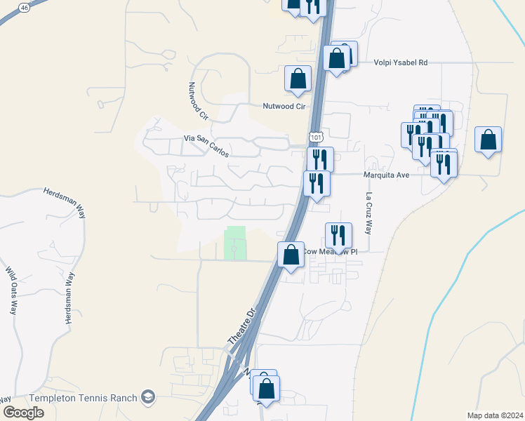 map of restaurants, bars, coffee shops, grocery stores, and more near 425 Golden Meadow Drive in Paso Robles