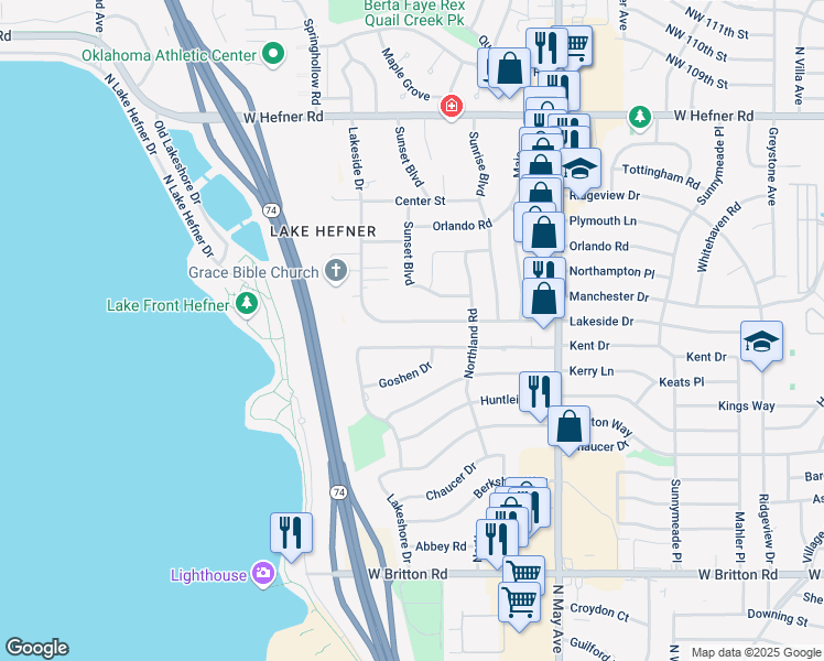 map of restaurants, bars, coffee shops, grocery stores, and more near 3129 Lakeside Drive in The Village