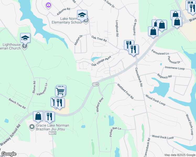 map of restaurants, bars, coffee shops, grocery stores, and more near 147 Clusters Circle in Mooresville