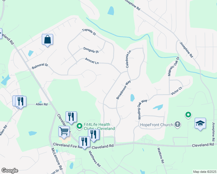 map of restaurants, bars, coffee shops, grocery stores, and more near 499 Kintyre Drive in Clayton