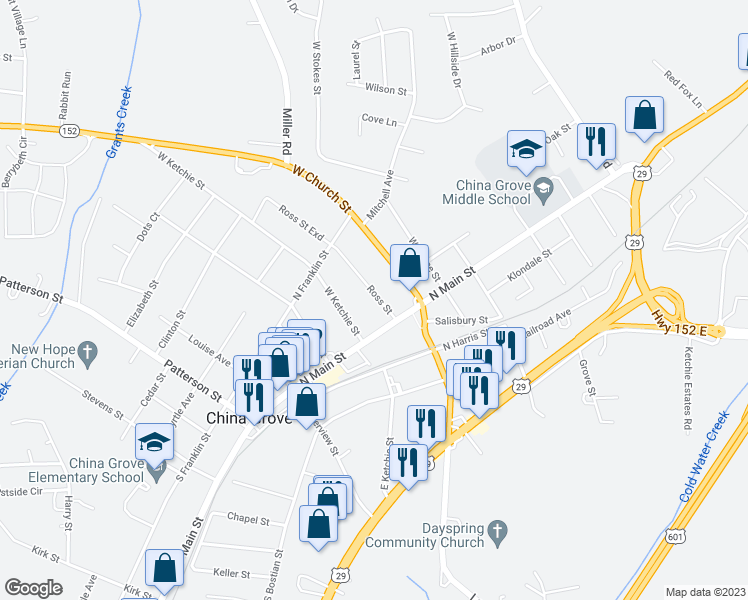map of restaurants, bars, coffee shops, grocery stores, and more near 113 Ross Street in China Grove
