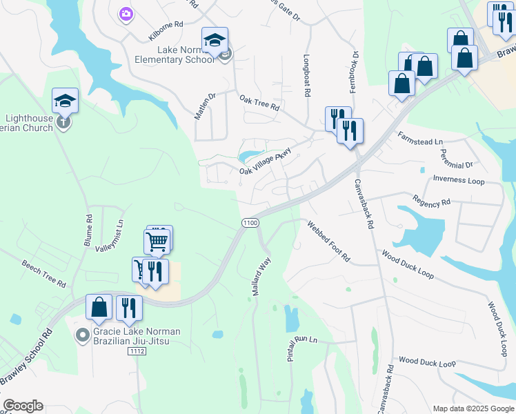 map of restaurants, bars, coffee shops, grocery stores, and more near 147 Clusters Circle in Mooresville
