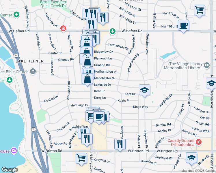 map of restaurants, bars, coffee shops, grocery stores, and more near 2721 Lakeside Drive in The Village
