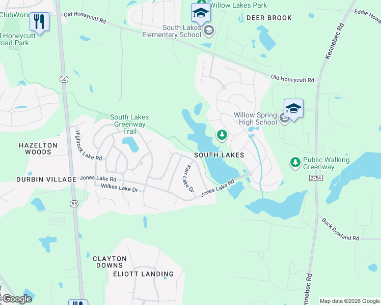 map of restaurants, bars, coffee shops, grocery stores, and more near 559 Glenville Lake Drive in Fuquay-Varina