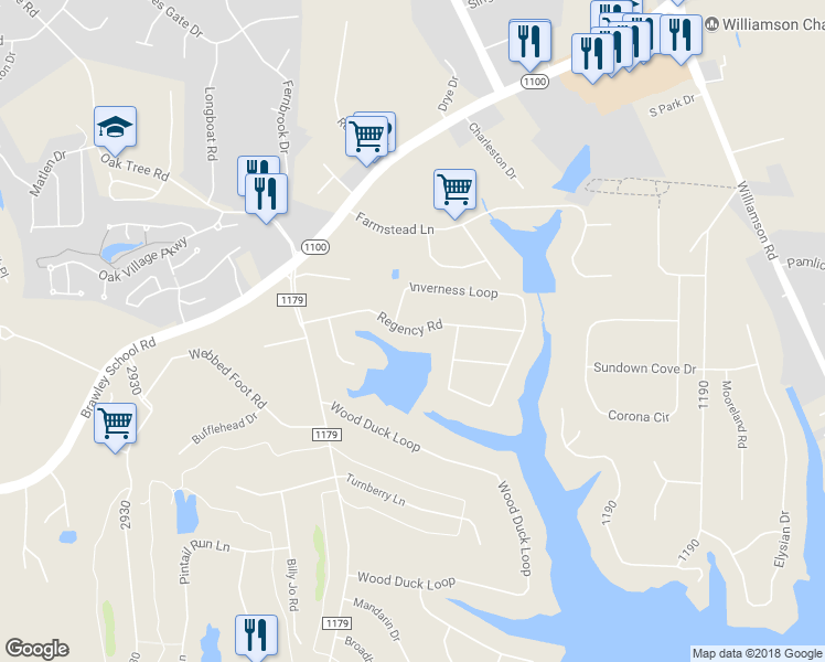map of restaurants, bars, coffee shops, grocery stores, and more near Regency Road in Mooresville