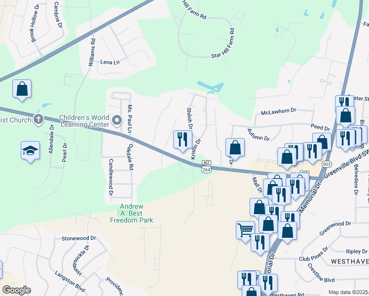 map of restaurants, bars, coffee shops, grocery stores, and more near 107 Chesterfield Court in Greenville