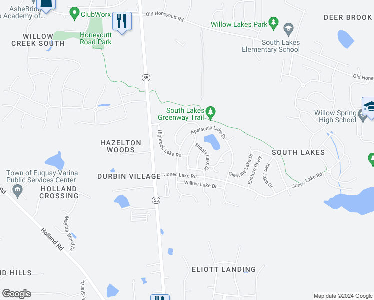 map of restaurants, bars, coffee shops, grocery stores, and more near 633 Lake Artesia Lane in Fuquay Varina