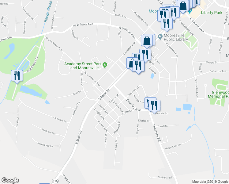 map of restaurants, bars, coffee shops, grocery stores, and more near 27 South Main Street in Mooresville