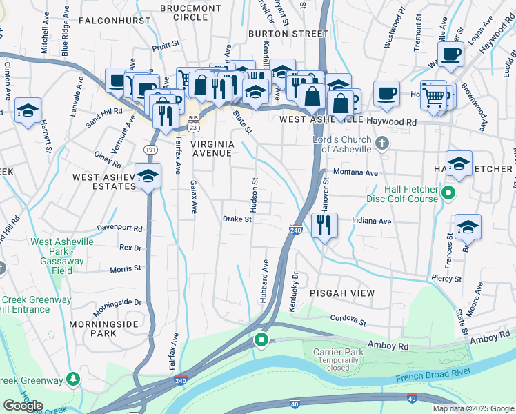 map of restaurants, bars, coffee shops, grocery stores, and more near 81 Langwell Avenue in Asheville