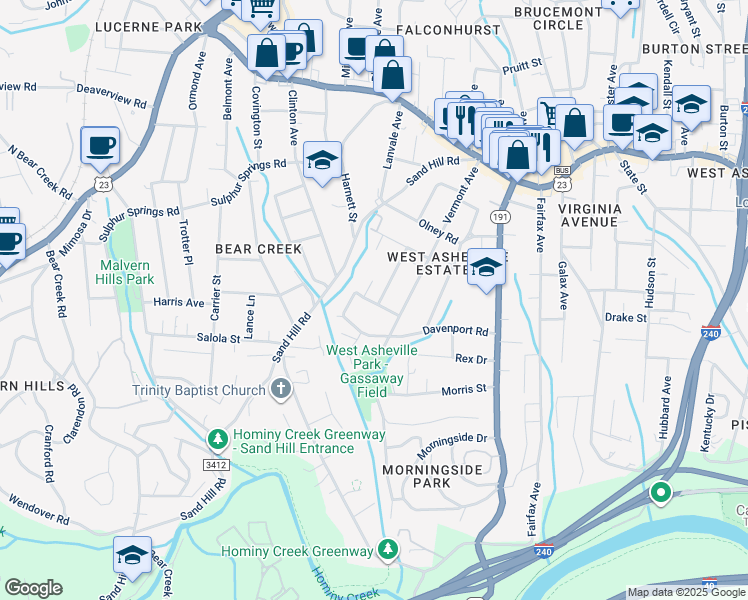 map of restaurants, bars, coffee shops, grocery stores, and more near 43 Vermont Court in Asheville