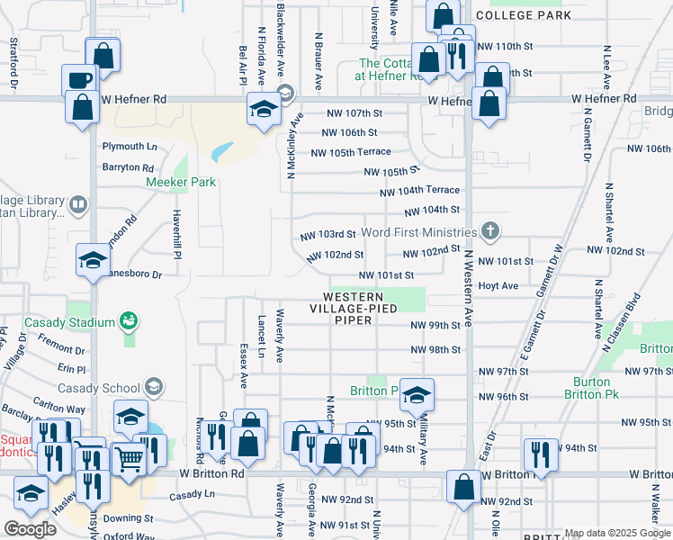 map of restaurants, bars, coffee shops, grocery stores, and more near 1320 Northwest 102nd Street in Oklahoma City