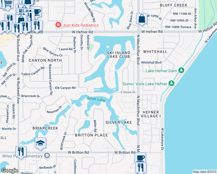 map of restaurants, bars, coffee shops, grocery stores, and more near 10108 Ski Drive in Oklahoma City