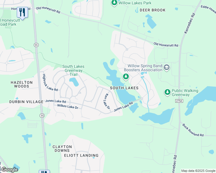 map of restaurants, bars, coffee shops, grocery stores, and more near 559 Glenville Lake Drive in Fuquay-Varina