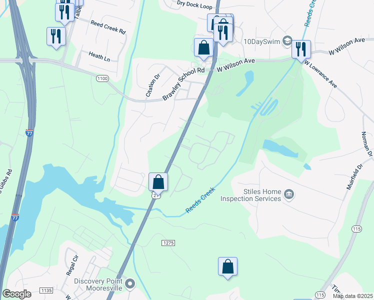 map of restaurants, bars, coffee shops, grocery stores, and more near 100 Abberly Green Boulevard in Mooresville