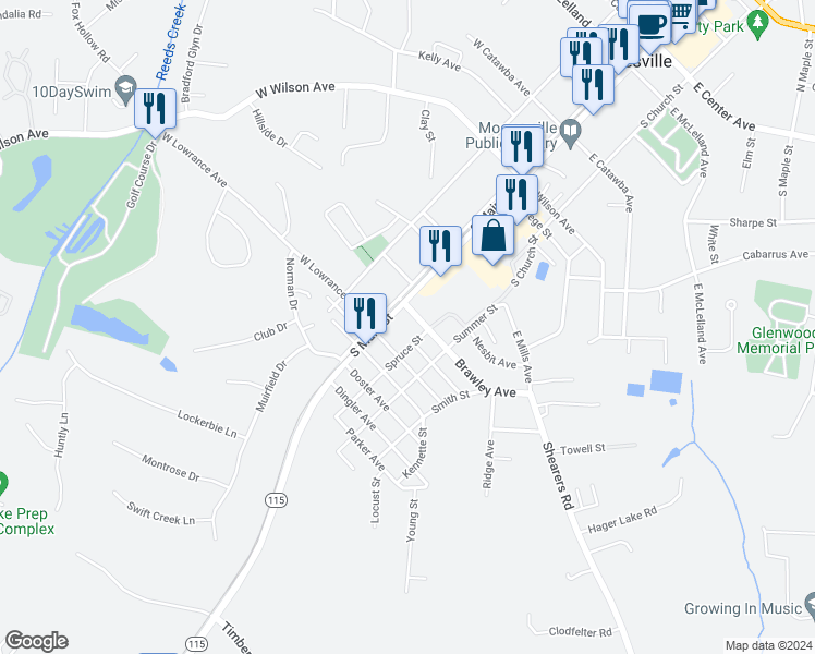 map of restaurants, bars, coffee shops, grocery stores, and more near 620 South Main Street in Mooresville