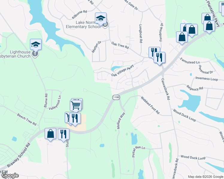 map of restaurants, bars, coffee shops, grocery stores, and more near 114 Abbotswood Place in Mooresville