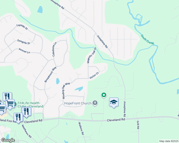 map of restaurants, bars, coffee shops, grocery stores, and more near 413 Majestic Oak Drive in Garner