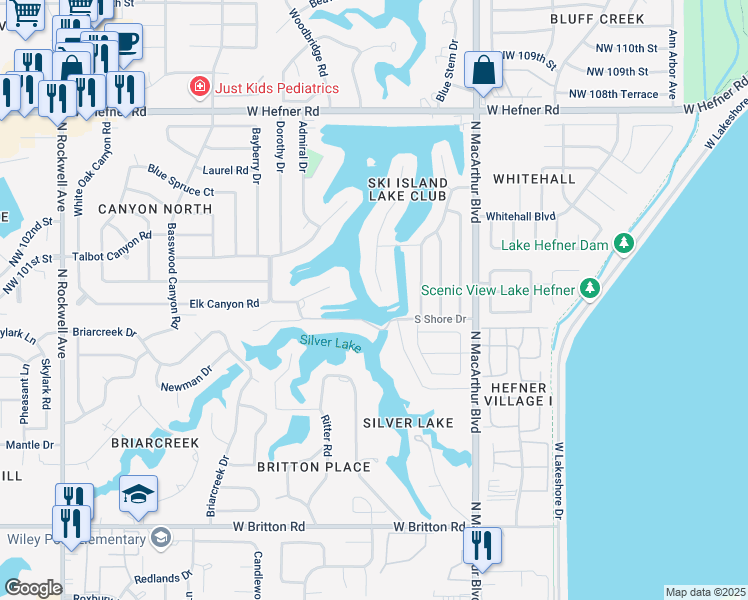 map of restaurants, bars, coffee shops, grocery stores, and more near 10108 Ski Drive in Oklahoma City