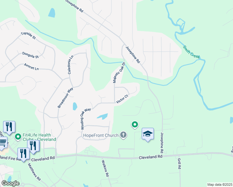 map of restaurants, bars, coffee shops, grocery stores, and more near 413 Majestic Oak Drive in Garner