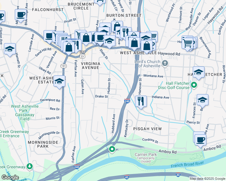 map of restaurants, bars, coffee shops, grocery stores, and more near 83 Langwell Avenue in Asheville