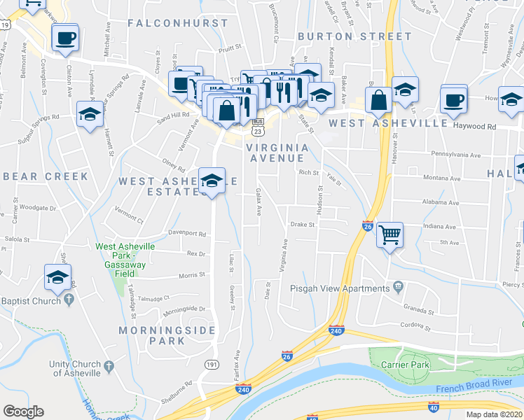 map of restaurants, bars, coffee shops, grocery stores, and more near 34 Galax Avenue in Asheville