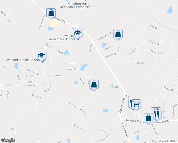 map of restaurants, bars, coffee shops, grocery stores, and more near 9777 Cleveland Road in Clayton