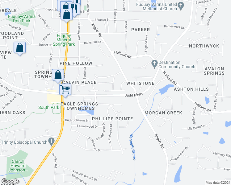 map of restaurants, bars, coffee shops, grocery stores, and more near 407 Hawthorne View Court in Fuquay-Varina