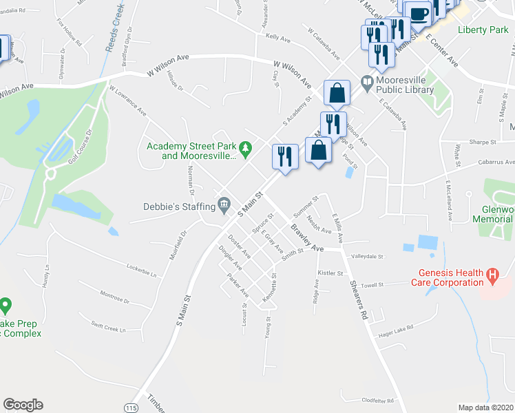 map of restaurants, bars, coffee shops, grocery stores, and more near 27 South Main Street in Mooresville