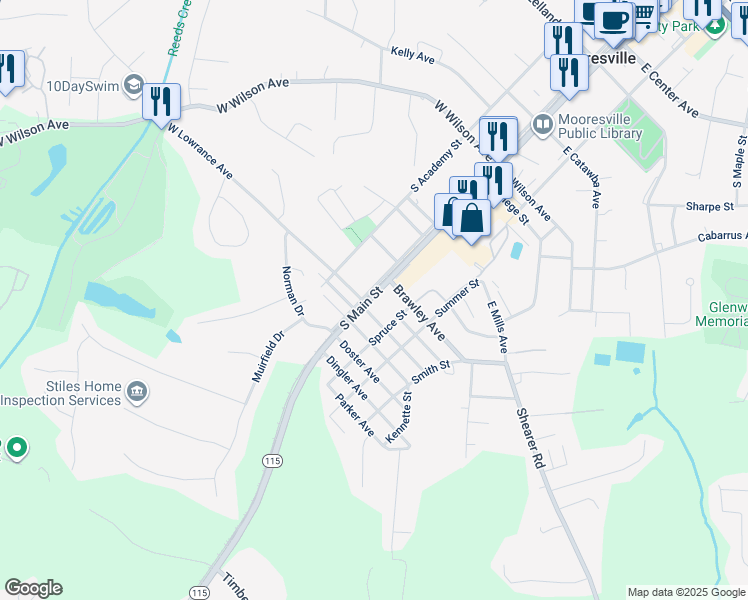 map of restaurants, bars, coffee shops, grocery stores, and more near 27 South Main Street in Mooresville