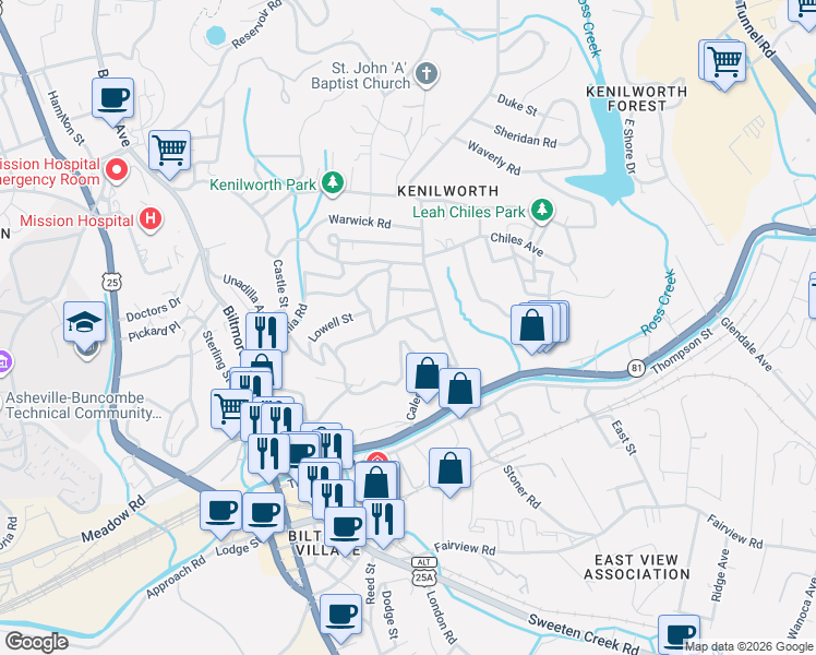 map of restaurants, bars, coffee shops, grocery stores, and more near 22 1/2 Kenilworth Road in Asheville