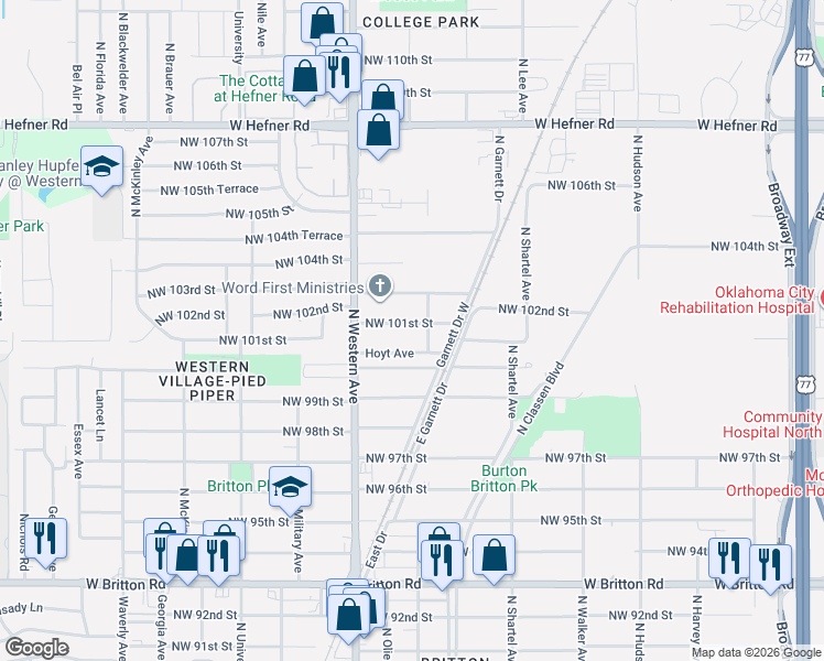 map of restaurants, bars, coffee shops, grocery stores, and more near 901 Northwest 101st Street in Oklahoma City