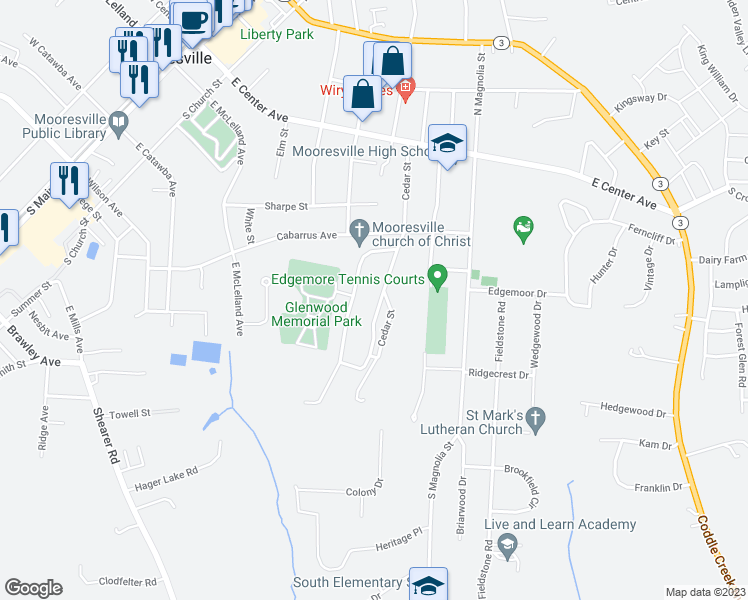 map of restaurants, bars, coffee shops, grocery stores, and more near 317 Cedar Street in Mooresville