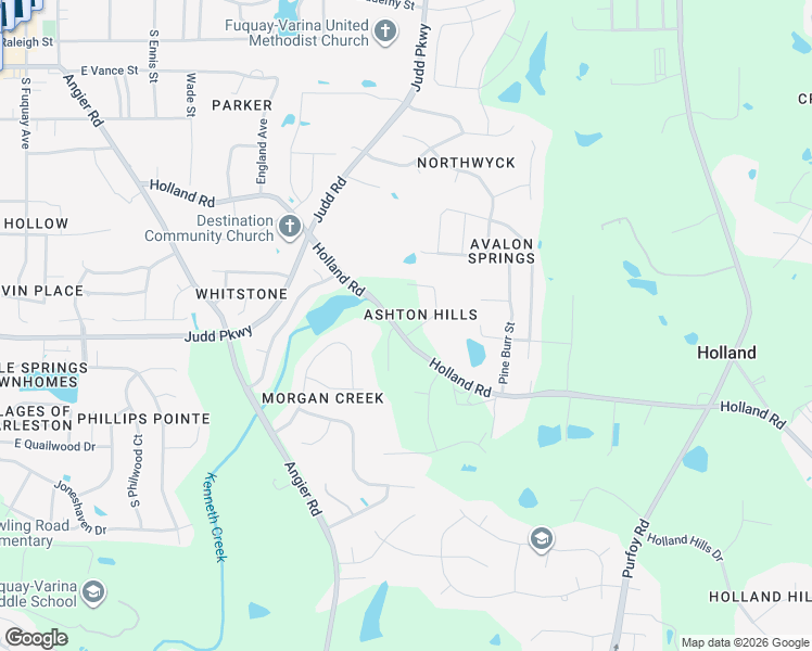 map of restaurants, bars, coffee shops, grocery stores, and more near 715 Holland Road in Fuquay-Varina