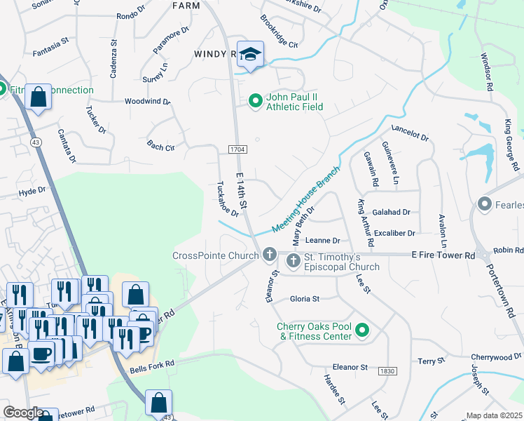 map of restaurants, bars, coffee shops, grocery stores, and more near 1805 Crooked Creek Road in Greenville