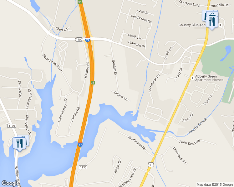 map of restaurants, bars, coffee shops, grocery stores, and more near Clipper Lane in Mooresville