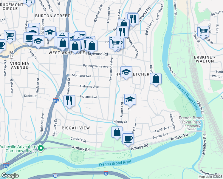 map of restaurants, bars, coffee shops, grocery stores, and more near 118 Swannanoa Avenue in Asheville
