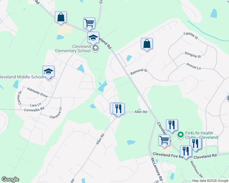 map of restaurants, bars, coffee shops, grocery stores, and more near 9777 Cleveland Road in Clayton