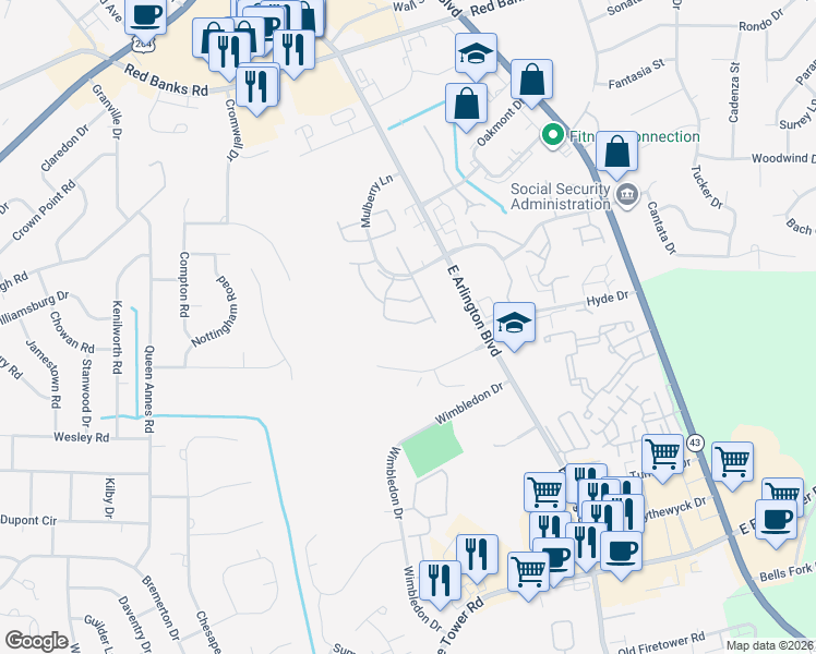 map of restaurants, bars, coffee shops, grocery stores, and more near 2926 Mulberry Lane in Greenville