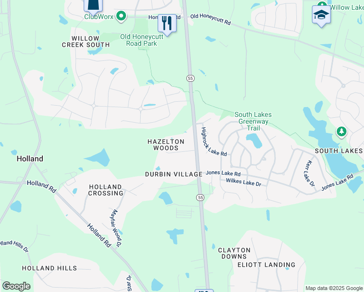 map of restaurants, bars, coffee shops, grocery stores, and more near 1009 Hazelton Lane in Fuquay Varina