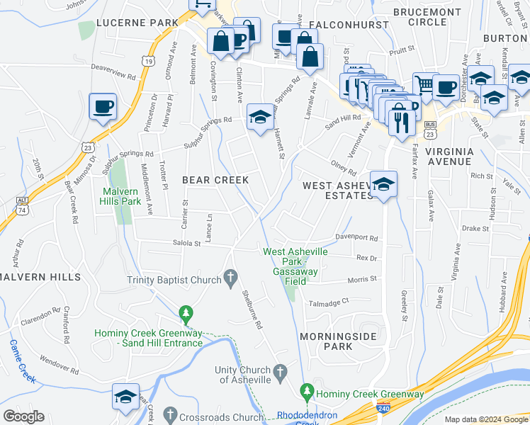 map of restaurants, bars, coffee shops, grocery stores, and more near 244 Sand Hill Road in Asheville