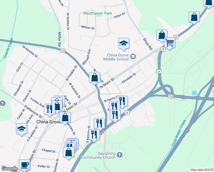 map of restaurants, bars, coffee shops, grocery stores, and more near 710 North Main Street in China Grove