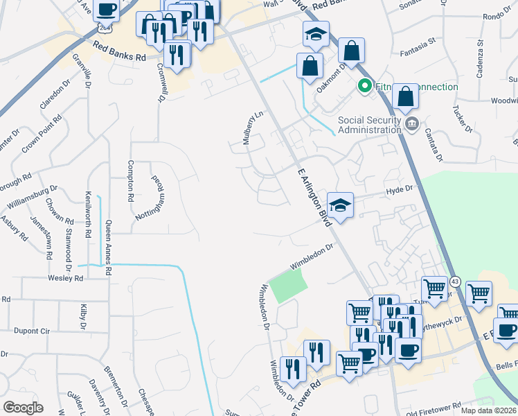 map of restaurants, bars, coffee shops, grocery stores, and more near 2926 Mulberry Lane in Greenville