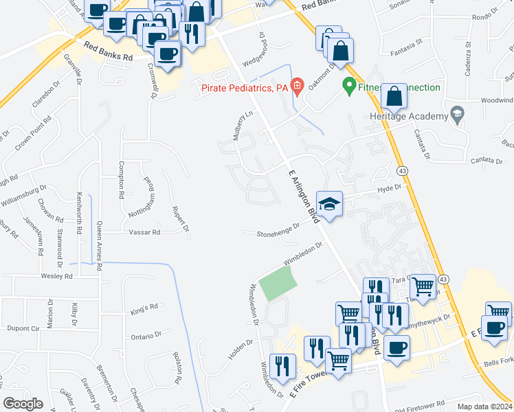 map of restaurants, bars, coffee shops, grocery stores, and more near 2932 Mulberry Lane in Greenville