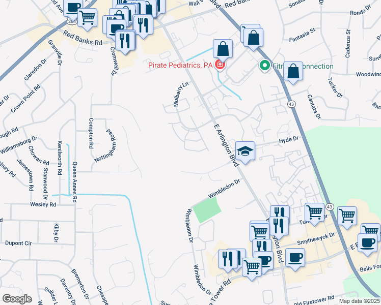 map of restaurants, bars, coffee shops, grocery stores, and more near 2926 Mulberry Lane in Greenville