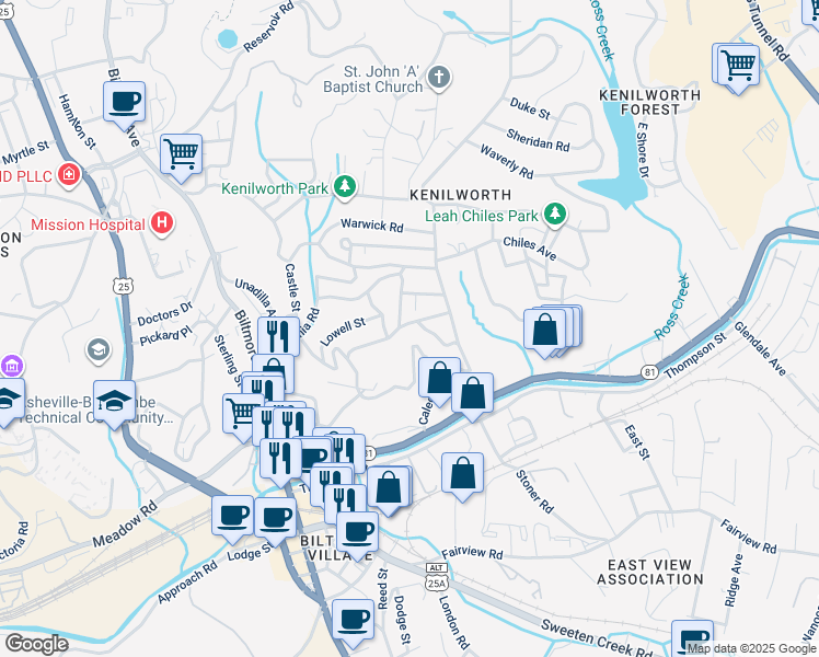 map of restaurants, bars, coffee shops, grocery stores, and more near 22 1/2 Kenilworth Road in Asheville