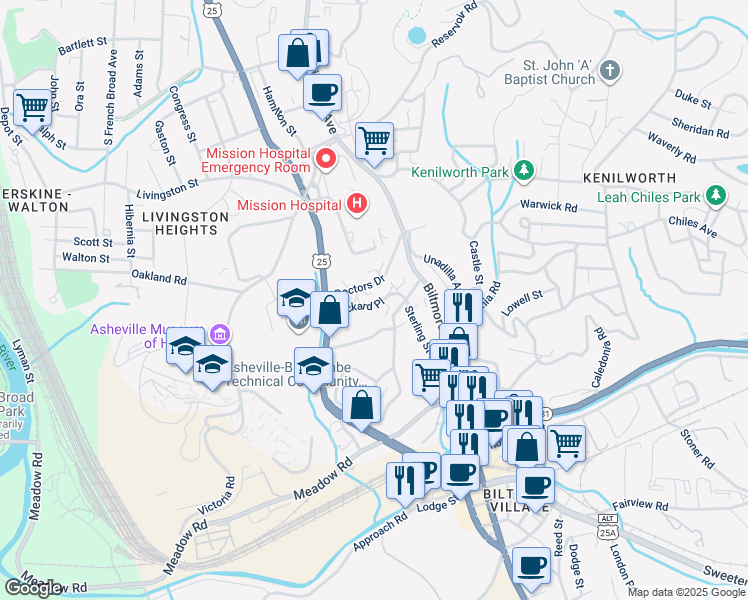 map of restaurants, bars, coffee shops, grocery stores, and more near 615 Biltmore Avenue in Asheville