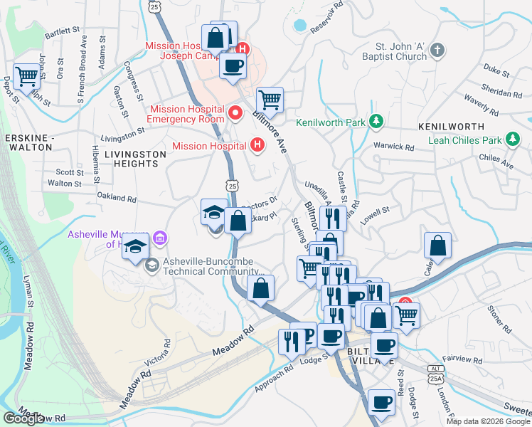 map of restaurants, bars, coffee shops, grocery stores, and more near 615 Biltmore Avenue in Asheville