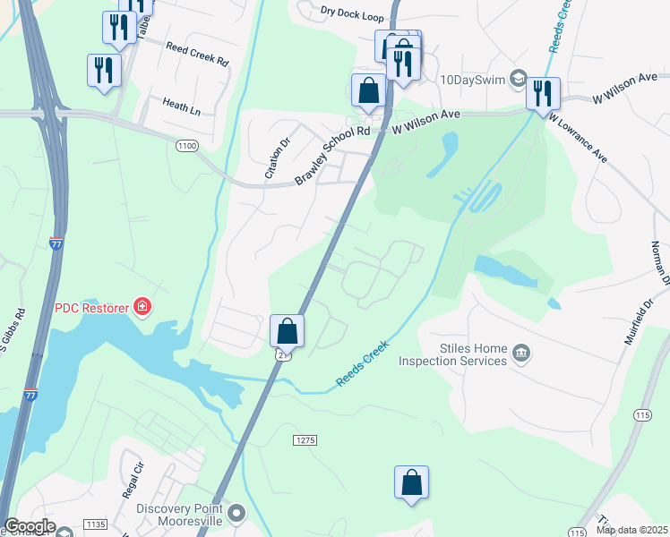 map of restaurants, bars, coffee shops, grocery stores, and more near Abberly Green Way in Mooresville