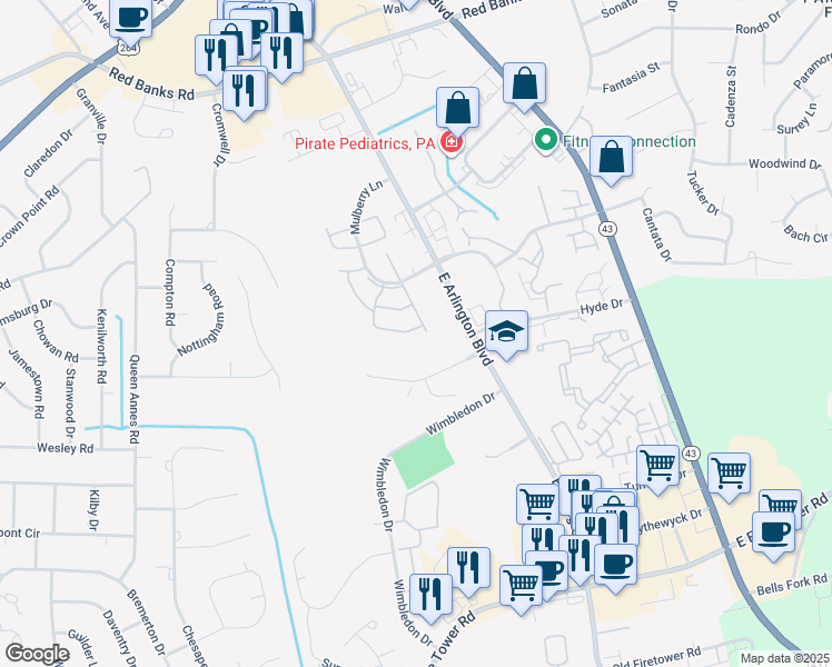 map of restaurants, bars, coffee shops, grocery stores, and more near 3010 Mulberry Lane in Greenville